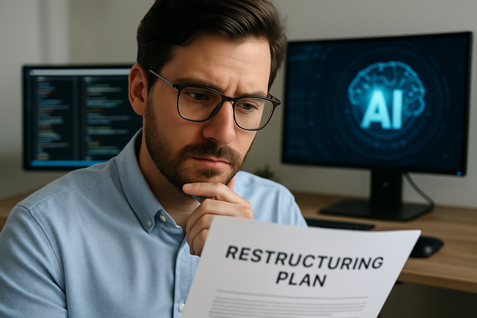 Professional reviews Software Giant Restructuring plan documents in modern office.