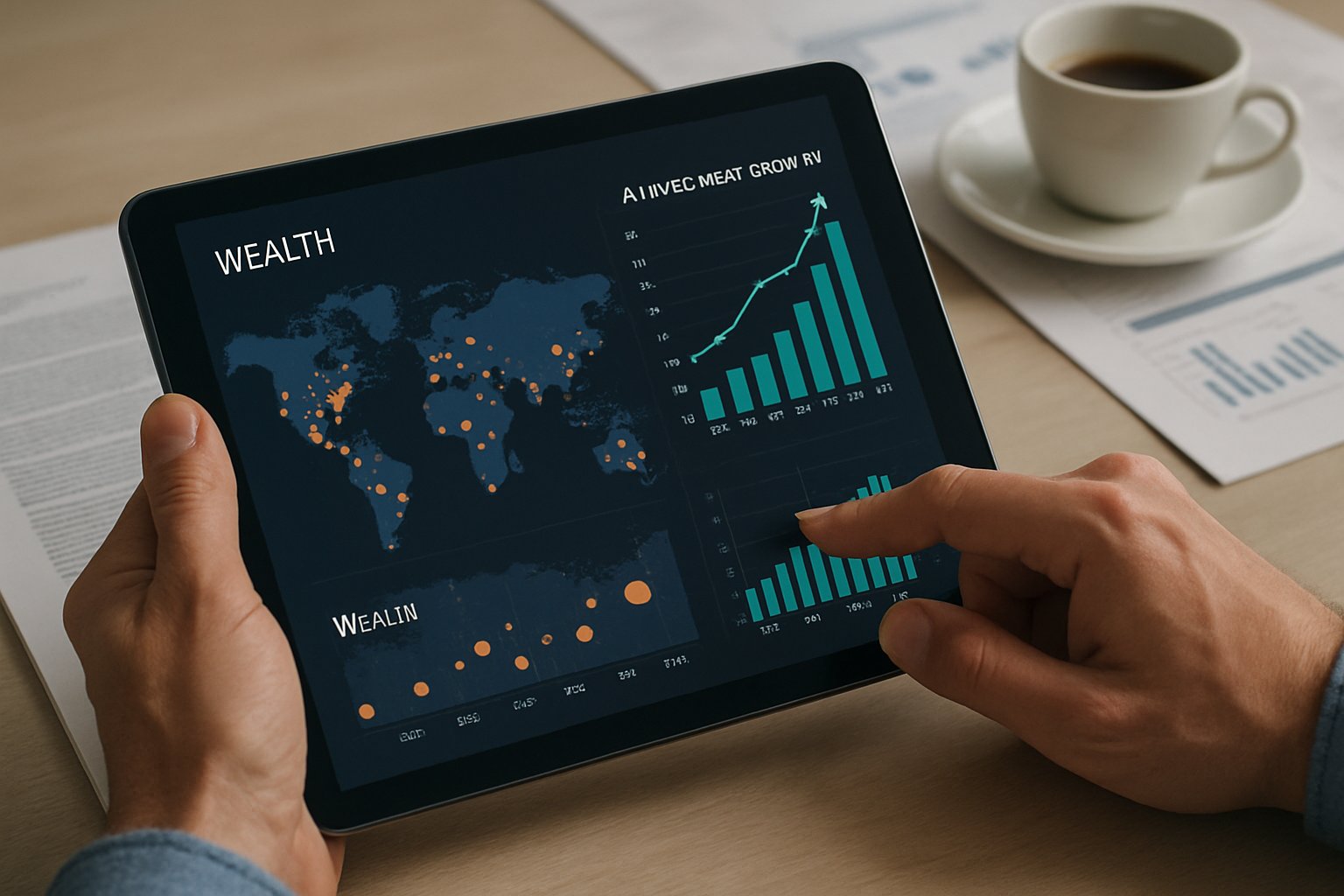 Person analyzing global wealth forecast on tablet with AI investment data.