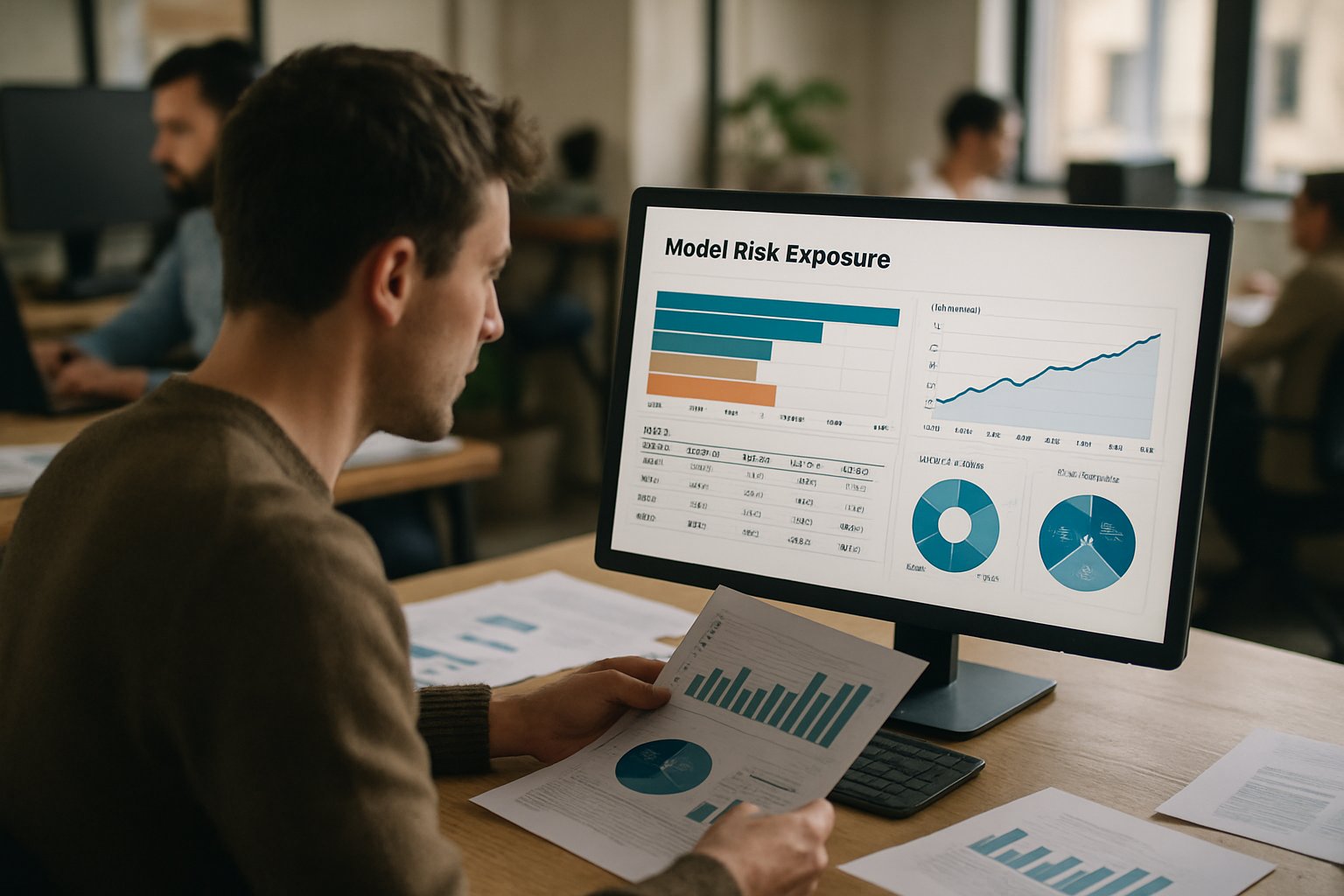 Data analyst reviewing Model Risk Exposure report at modern workstation.