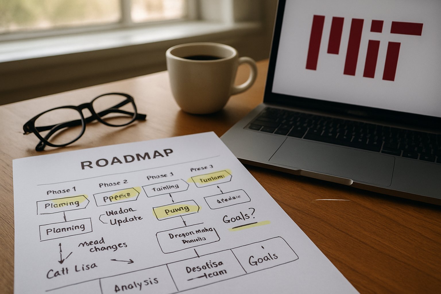 Emerging Innovation Roadmap document with annotations on MIT desk workspace.