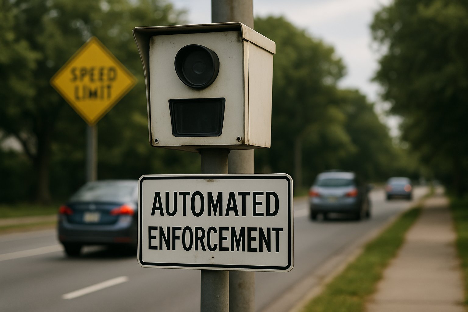 Modern Automated Enforcement camera on suburban roadside with cars passing by.