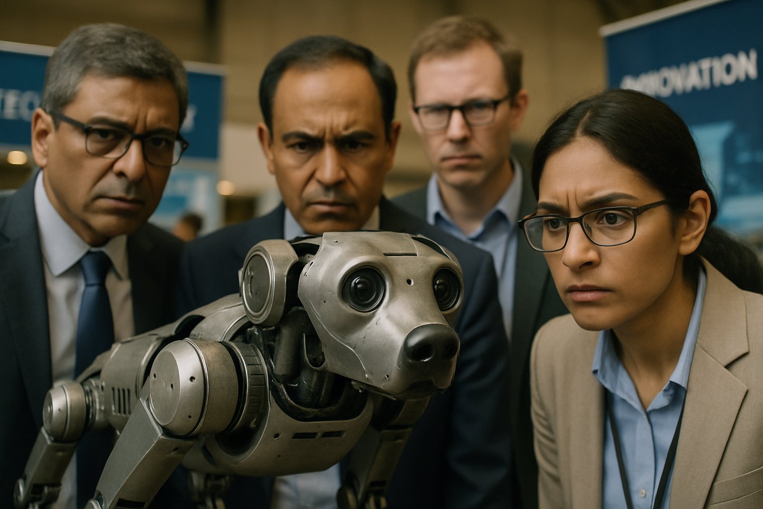 Officials examine robot dog during India Summit Scandal at technology expo