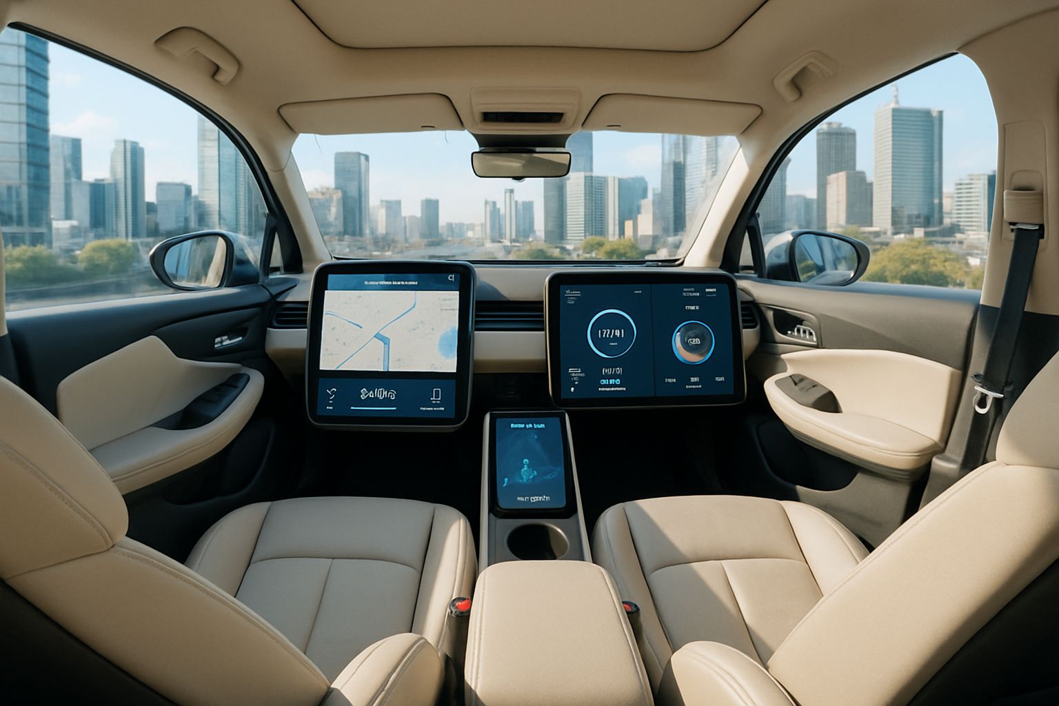 Interior of Autonomous Transport electric robotaxi with digital display and city view.