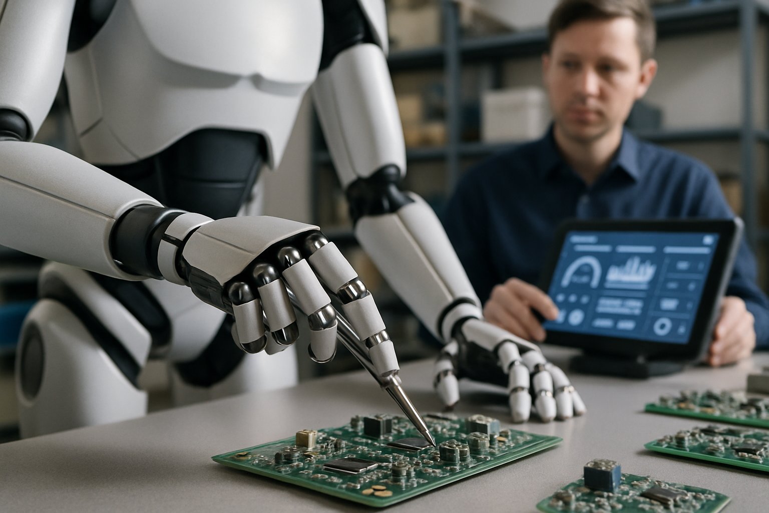 Industrial Humanoid Automation robot assembling electronics with human supervision.
