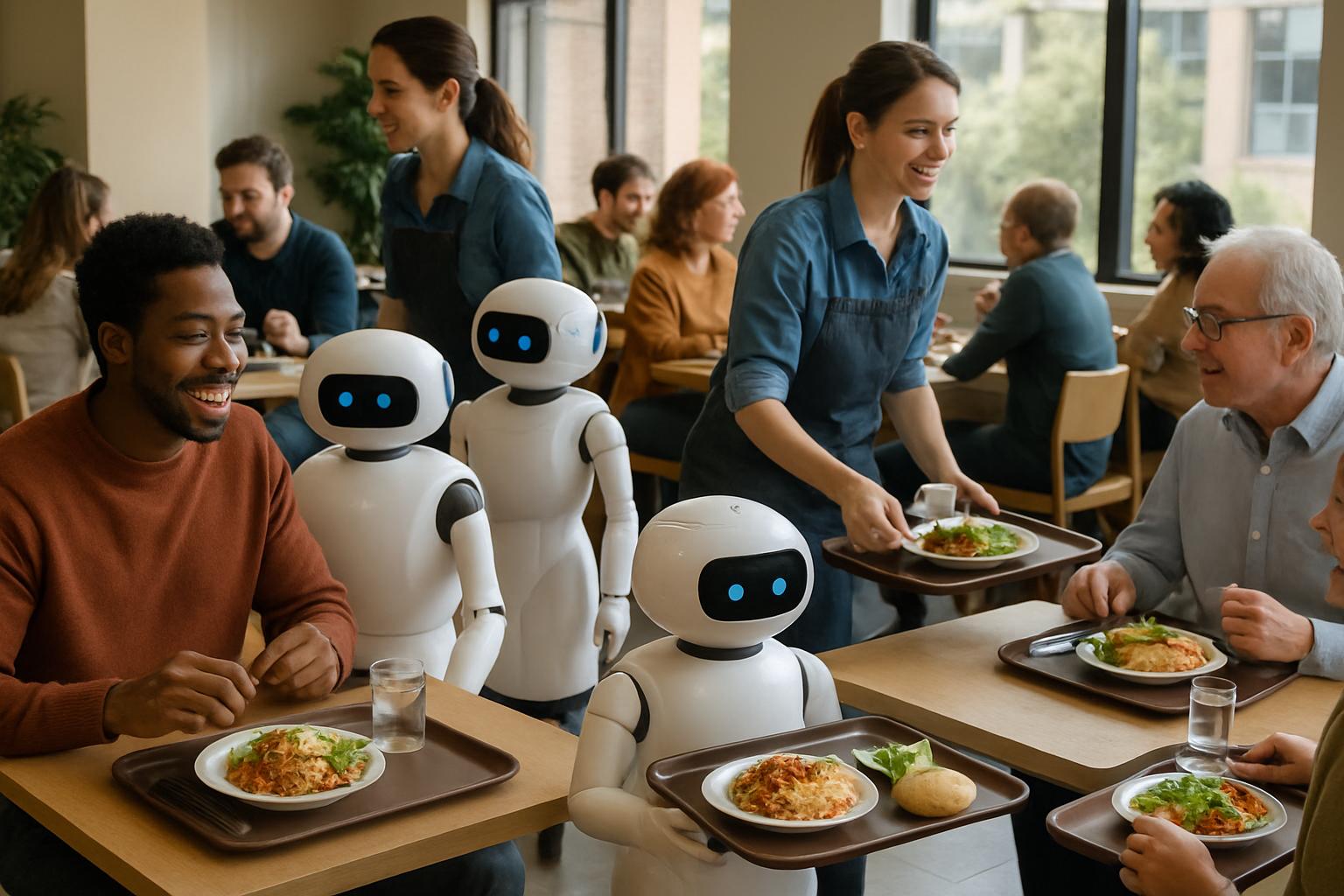 Automated Food Service robots delivering food in cafeteria
