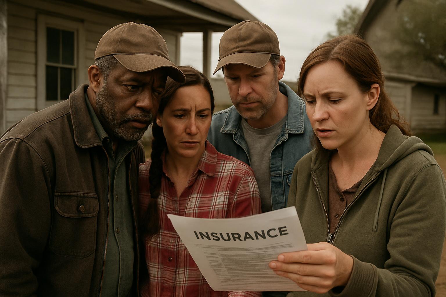 Group of rural residents discusses Pricing Algorithm Bias impact on insurance costs.