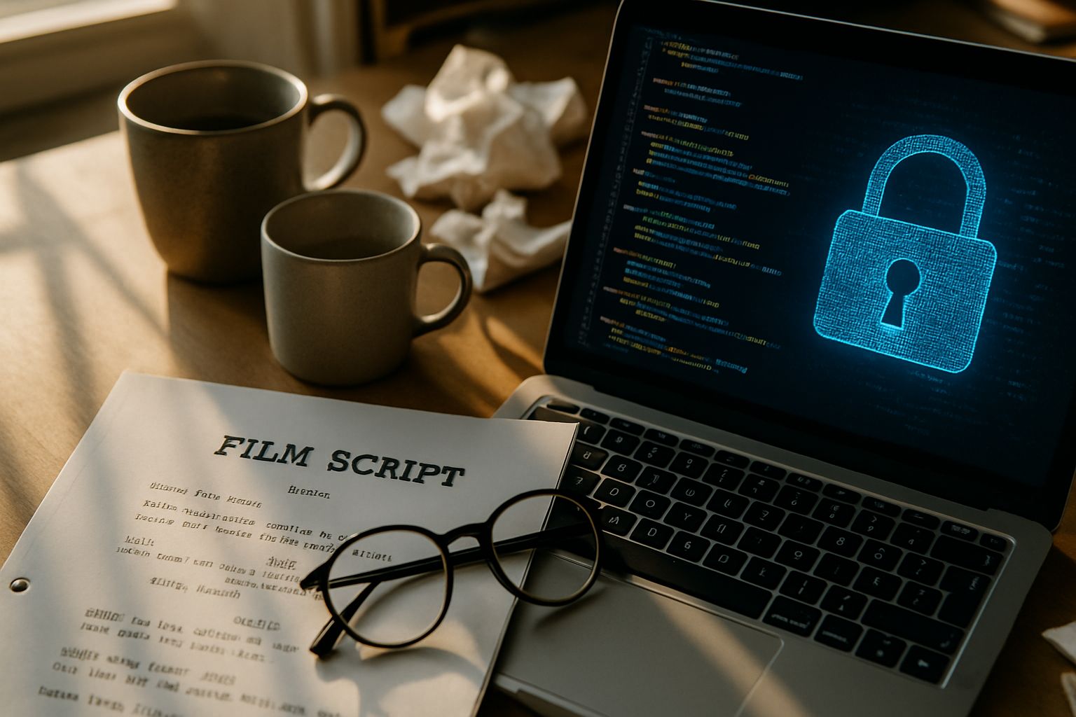 Film script and digital security represent AI Character Theft prevention.