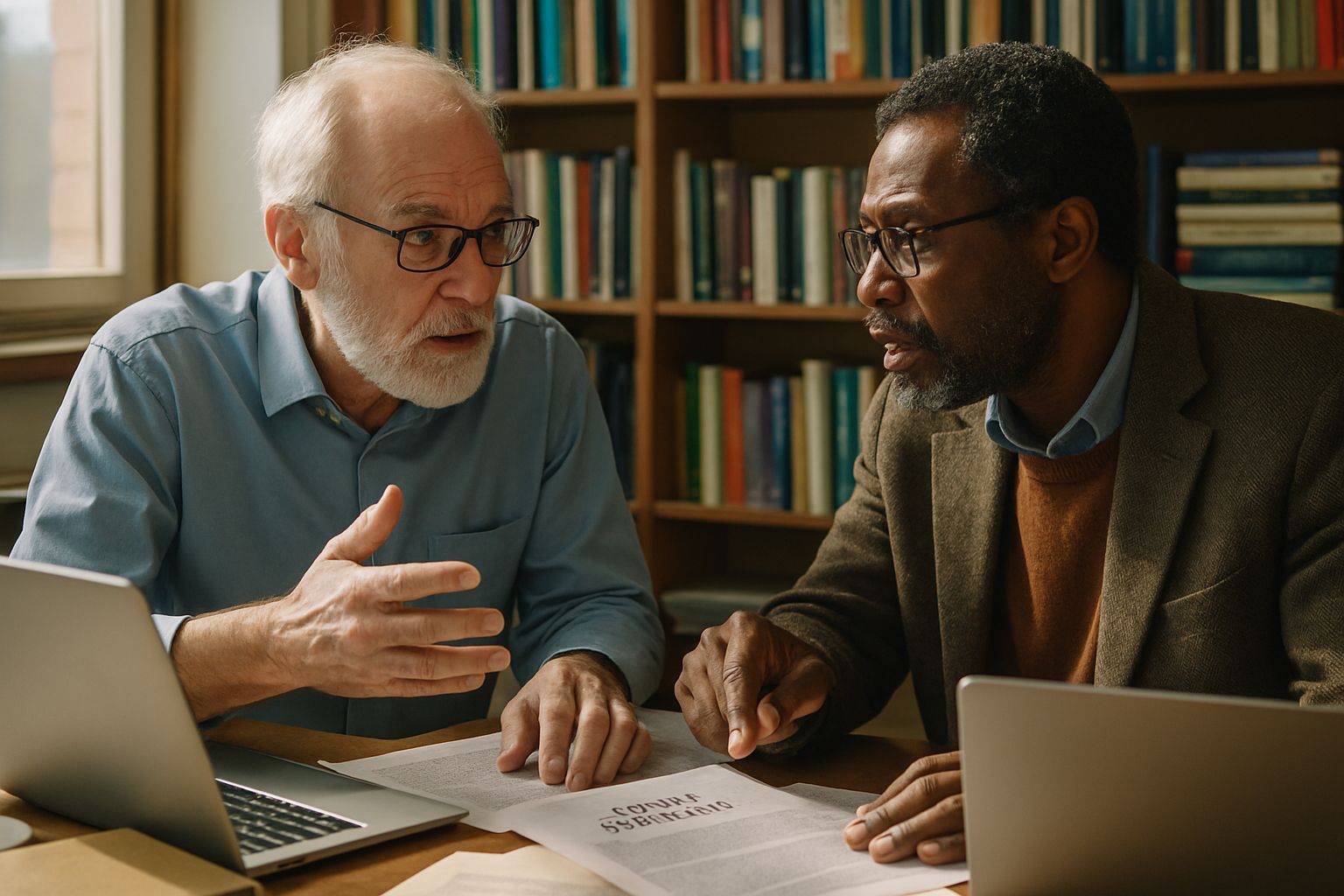 Professors deliberating over documents during the Academic Ethics Debate on AI.