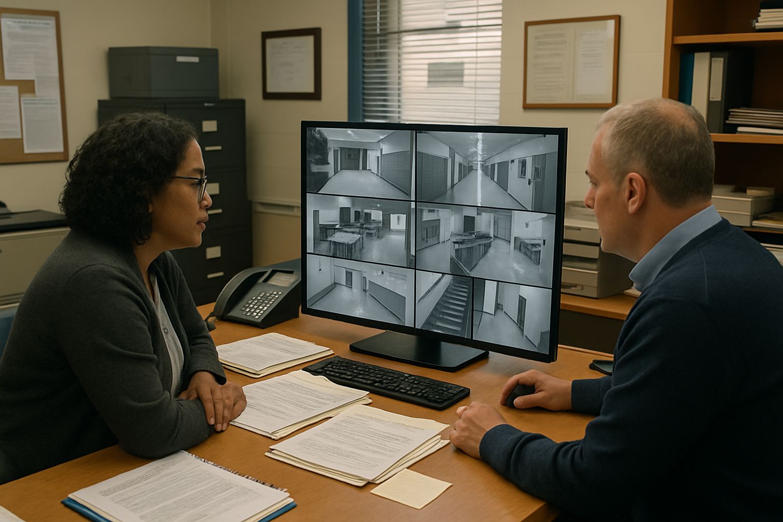 School administrators review security footage illustrating educational monitoring risk in schools.