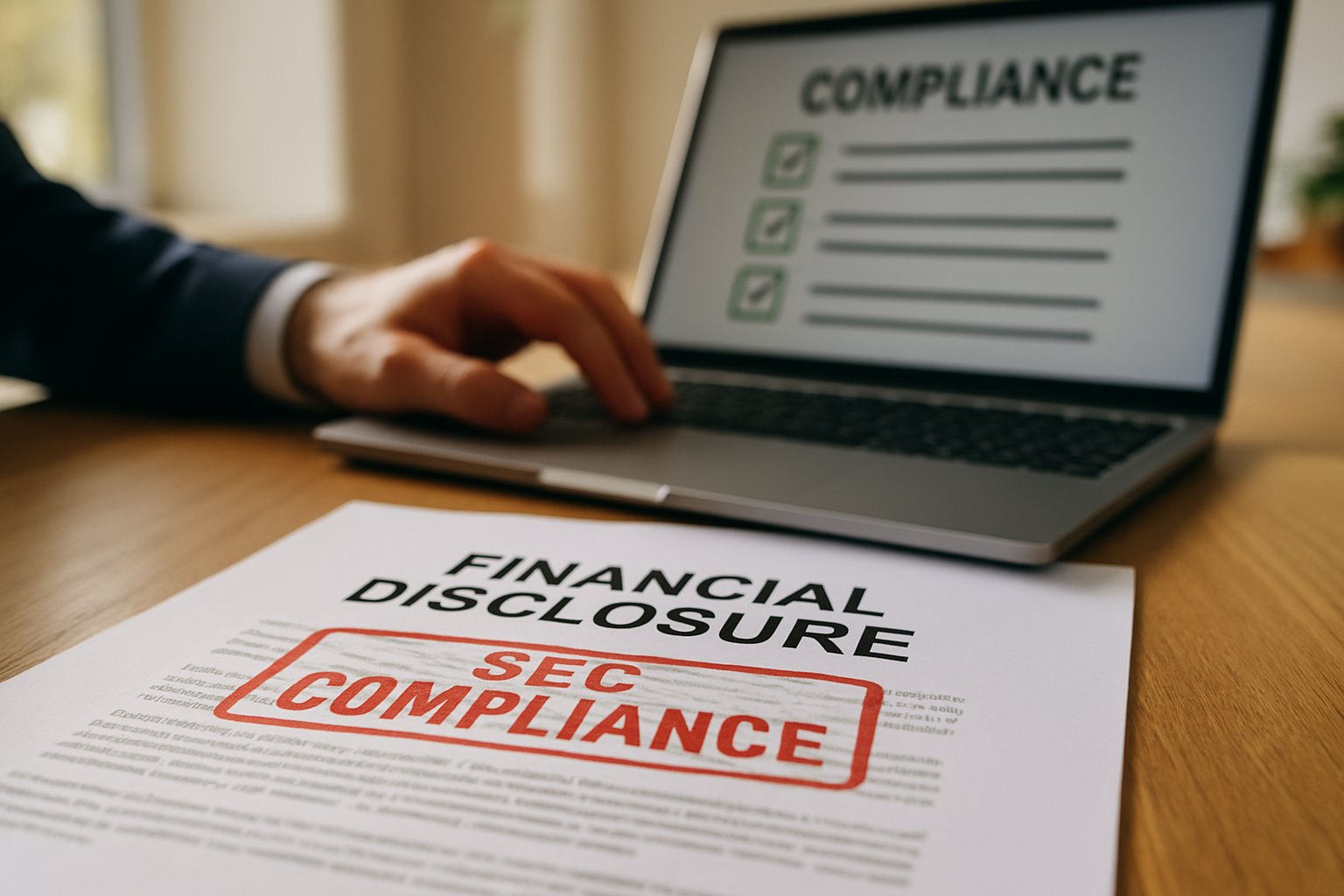 Financial Disclosure Risk paperwork and SEC compliance checklist on a desk.