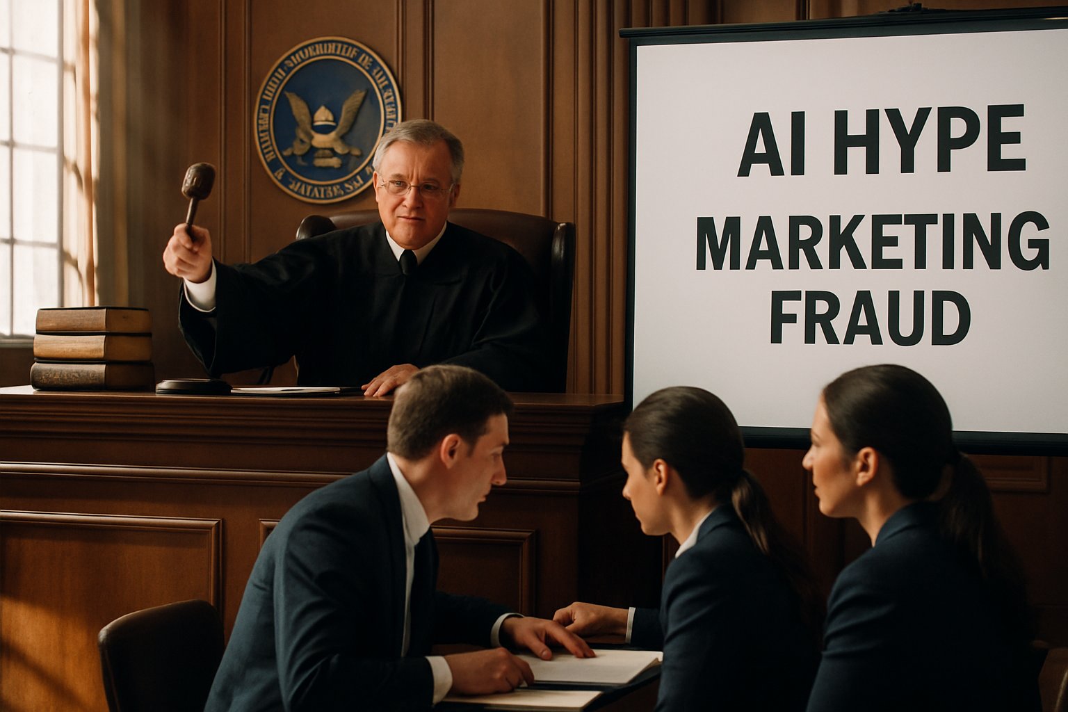 Courtroom scene highlighting legal action over Marketing Fraud and AI hype.