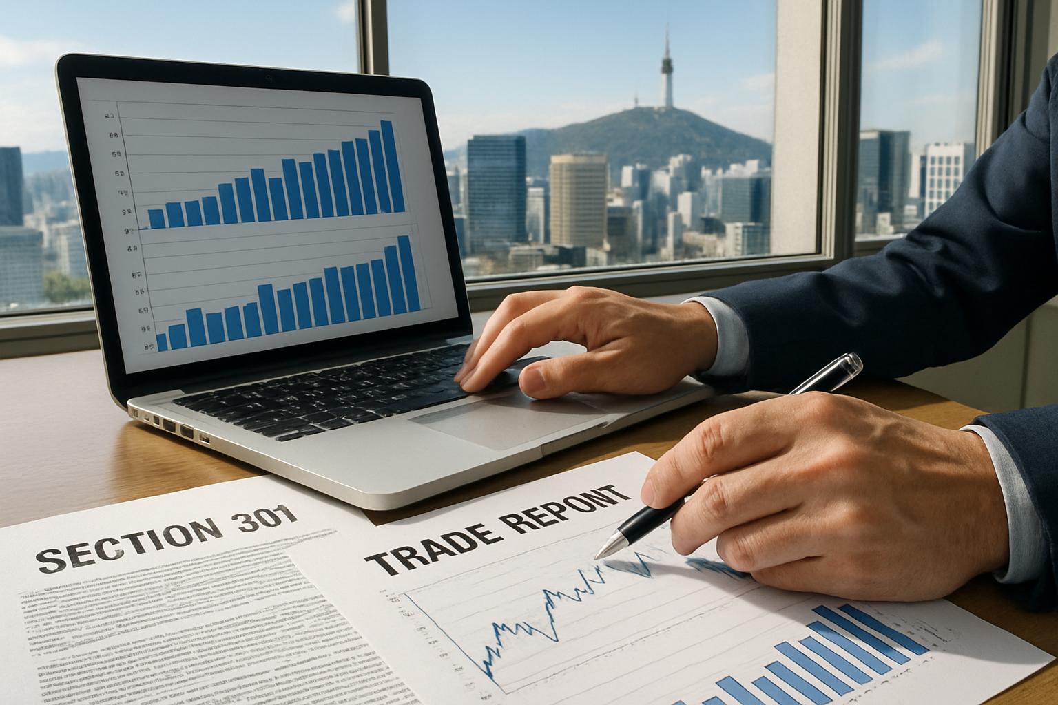 Strategic Trade report analysis with Section 301 documents in modern Seoul office