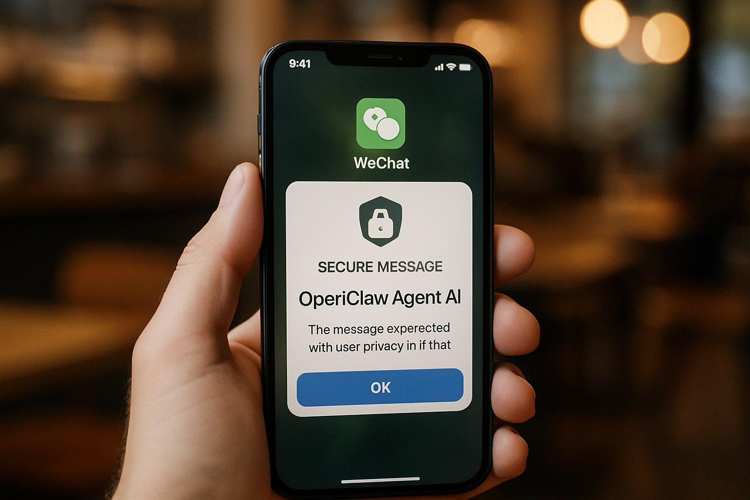 WeChat OpenClaw Agent notification on smartphone in a real-world café setting.