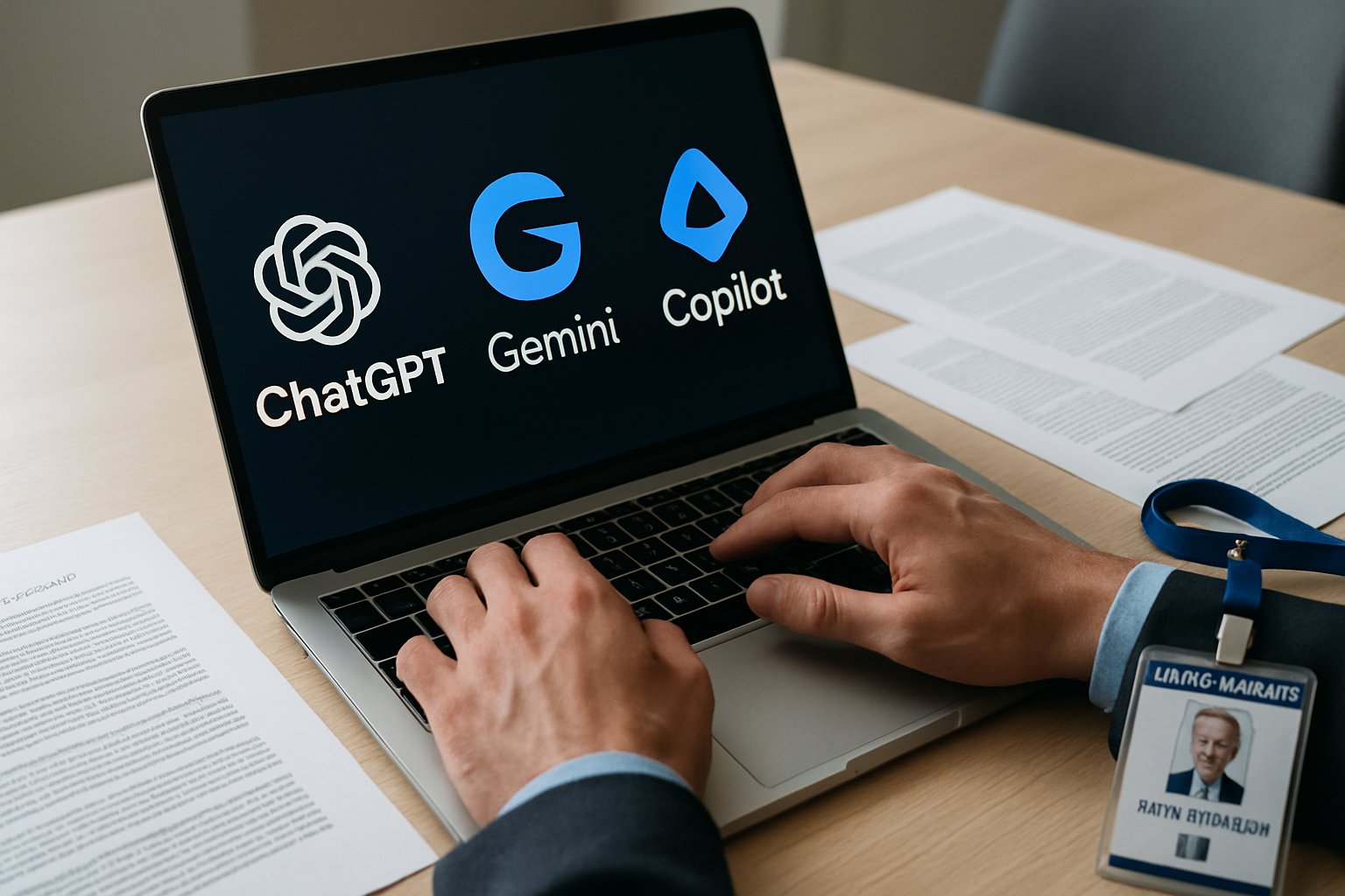 Government AI Adoption visualized by staff member interacting with AI tools on laptop.