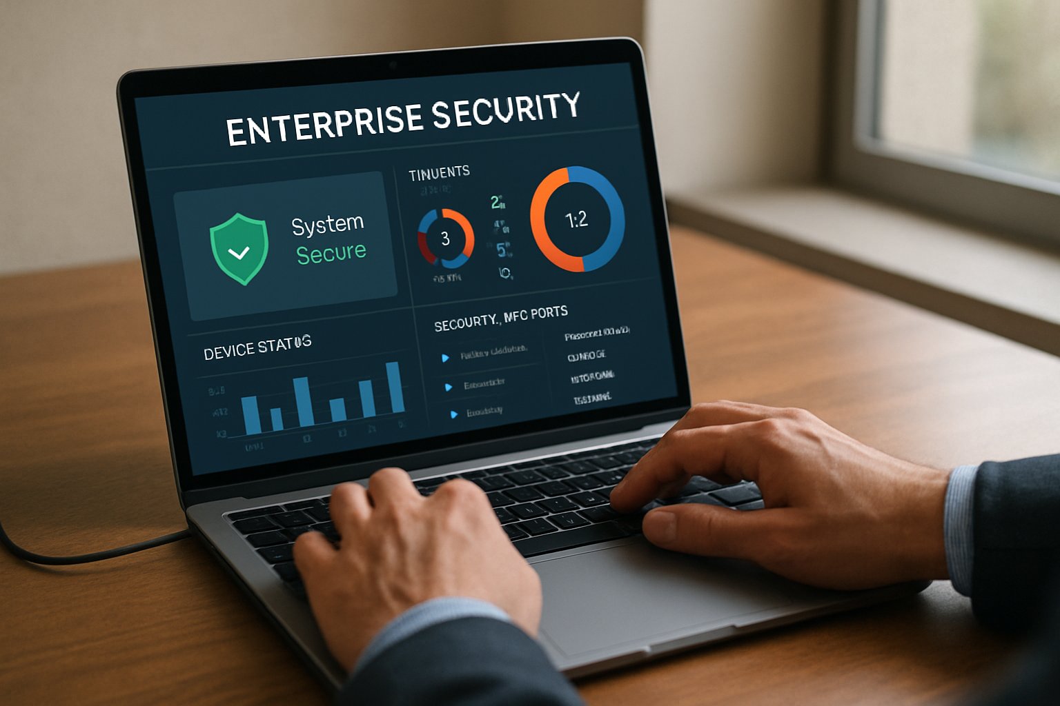 Close up of secure laptop with enterprise security software interface.