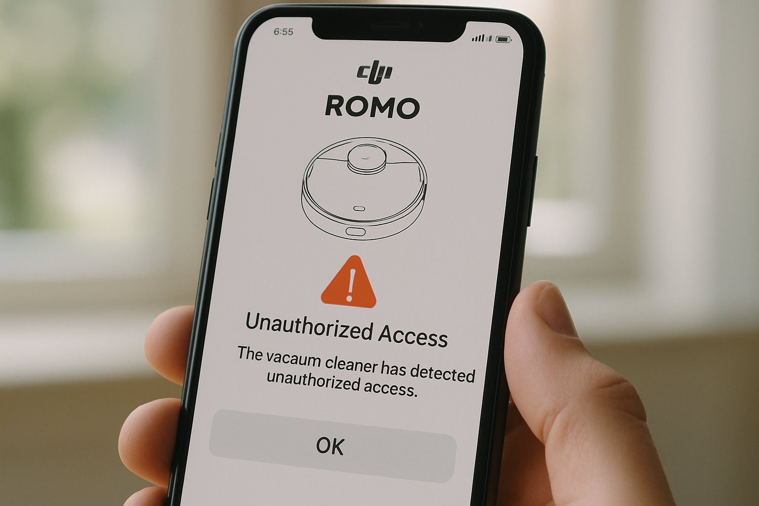 Smartphone showing AI Robot Security alert for DJI ROMO vacuum.