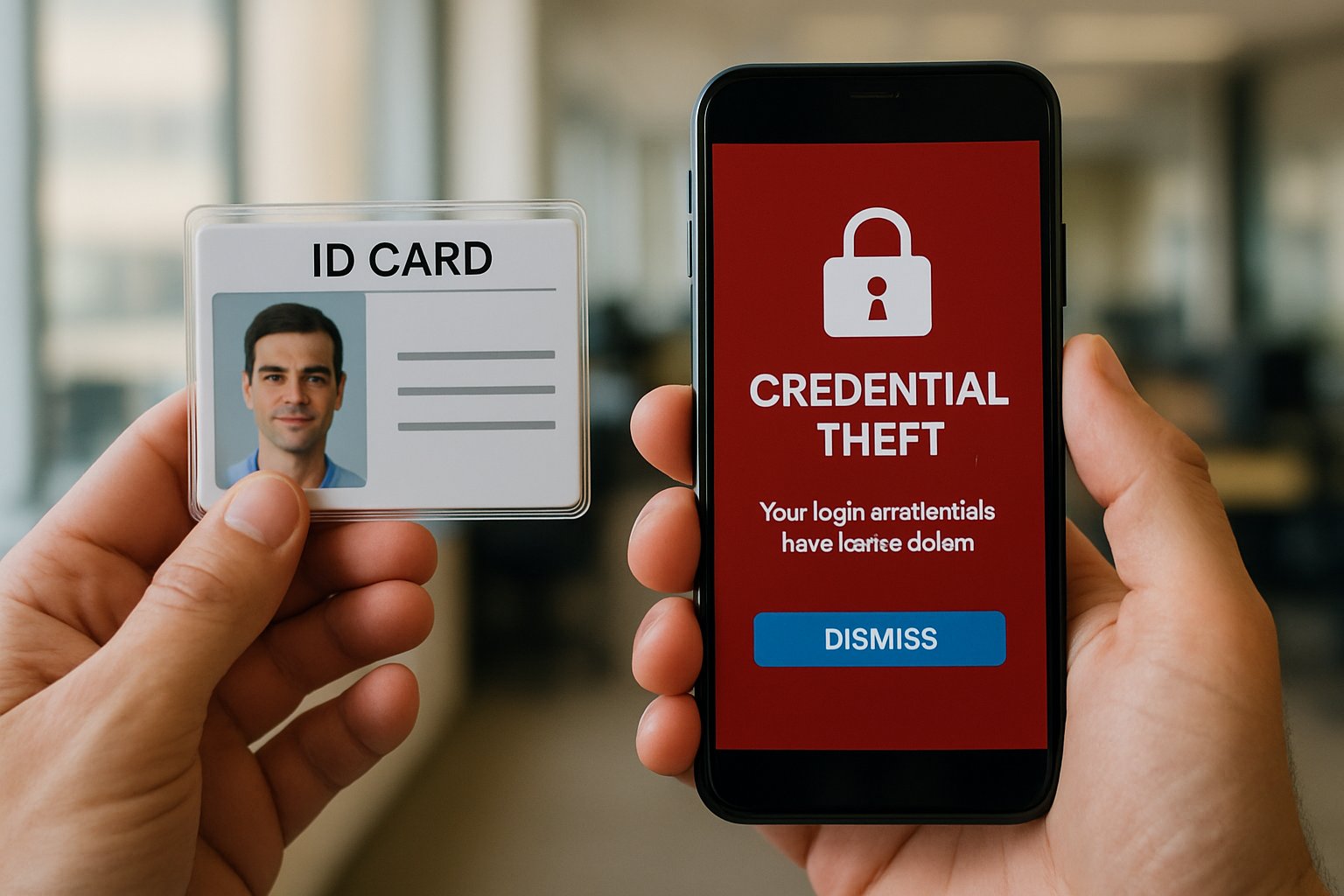 Hands holding ID and phone warning about Credential Theft Crisis in enterprise setting.