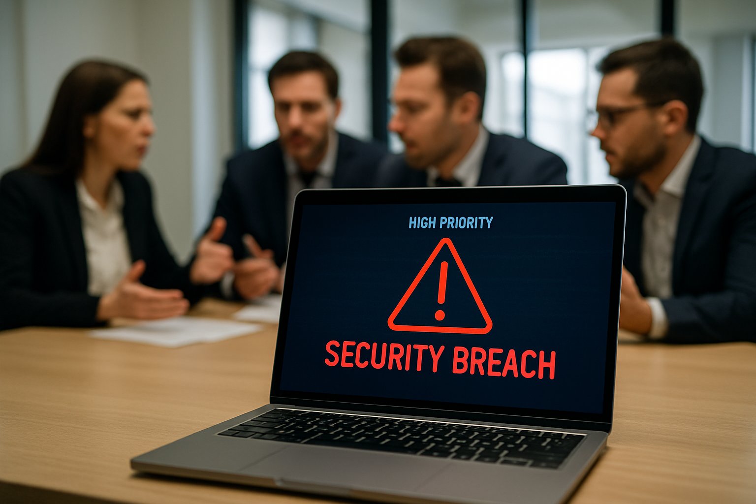 Laptop showing Internal Security Breach alert in corporate setting.