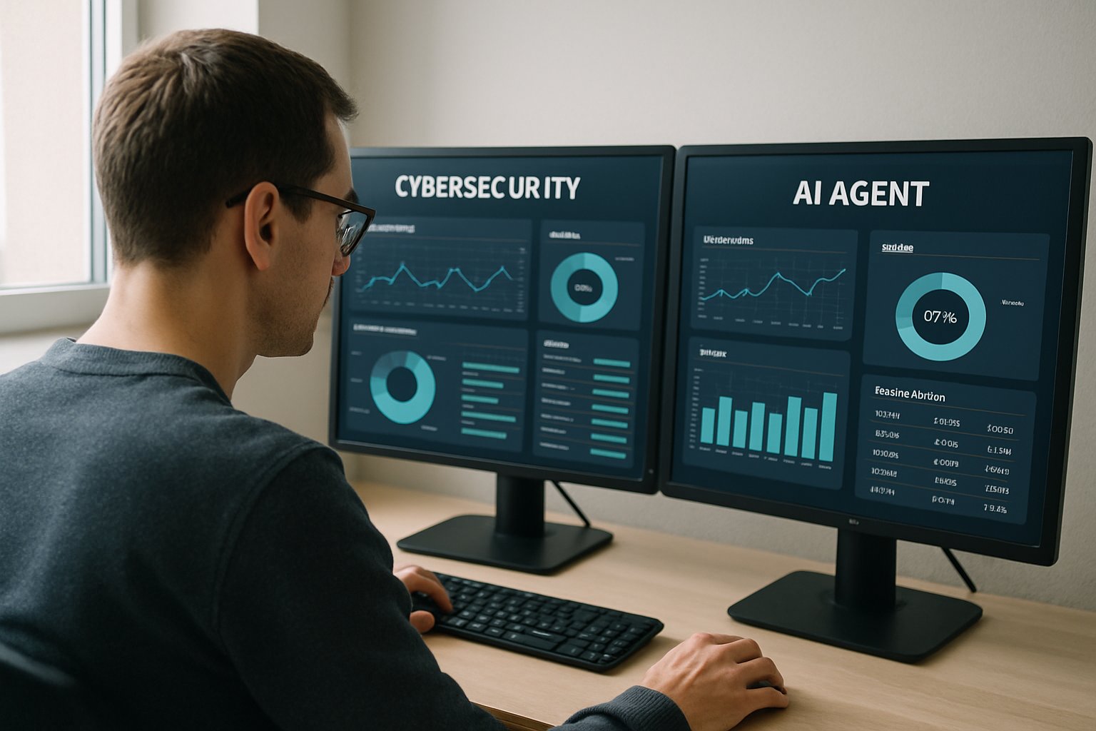 Cybersecurity specialist monitoring Agentic AI Risk dashboard in office environment.