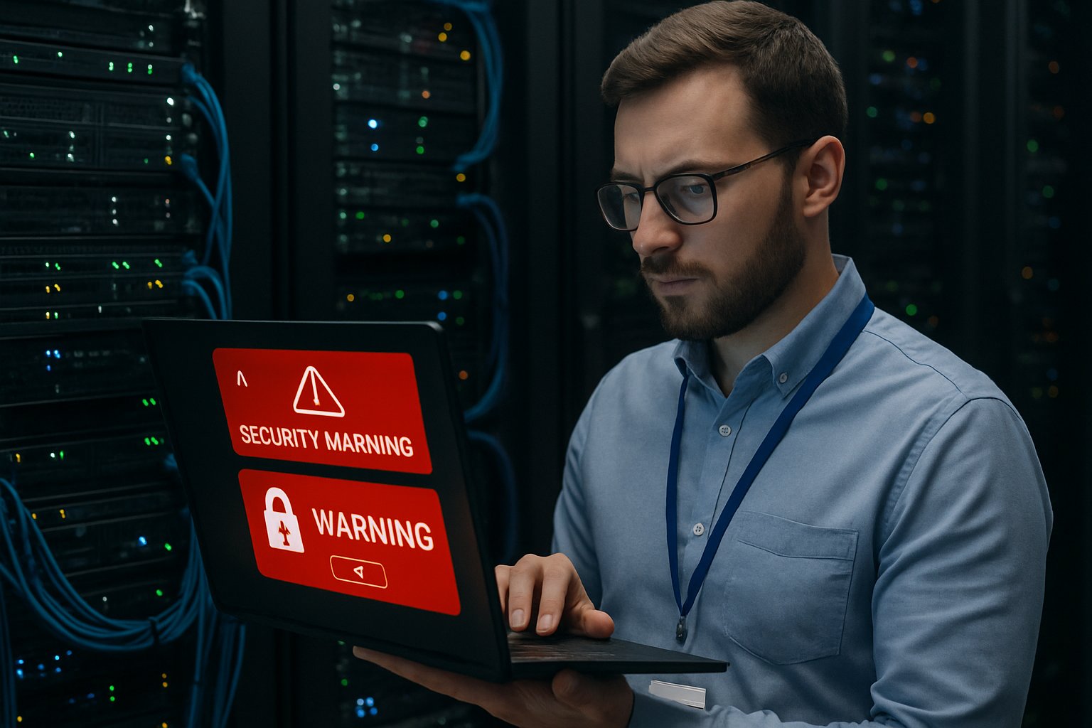 Technician inspecting data center security due to Perplexity Flaws.