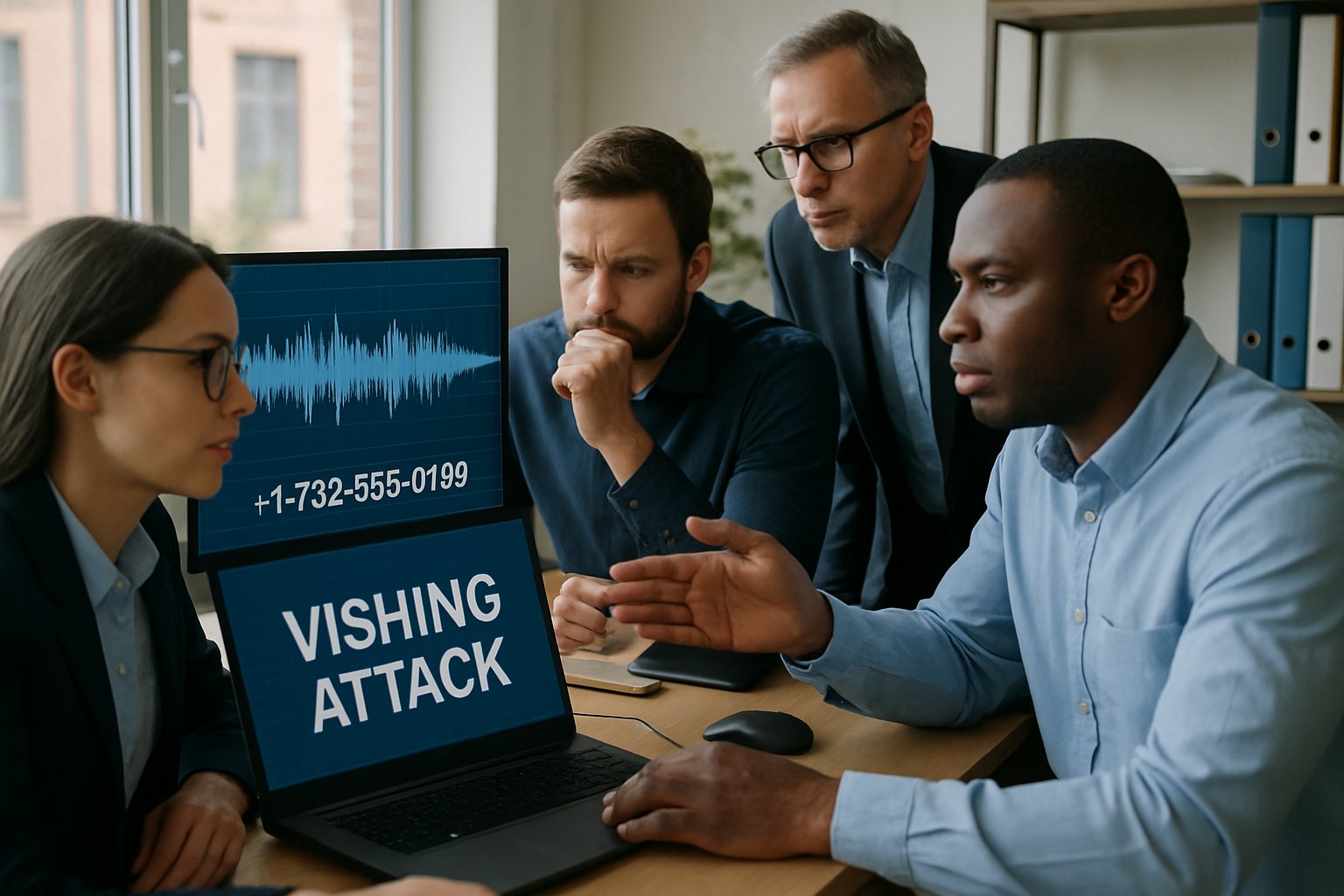 IT security team analyzing Vishing Attacks data in modern workspace.