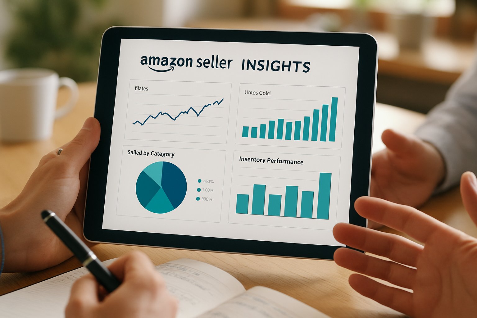 Seller Insights dashboard on tablet shows Amazon AI-driven analytics tools.