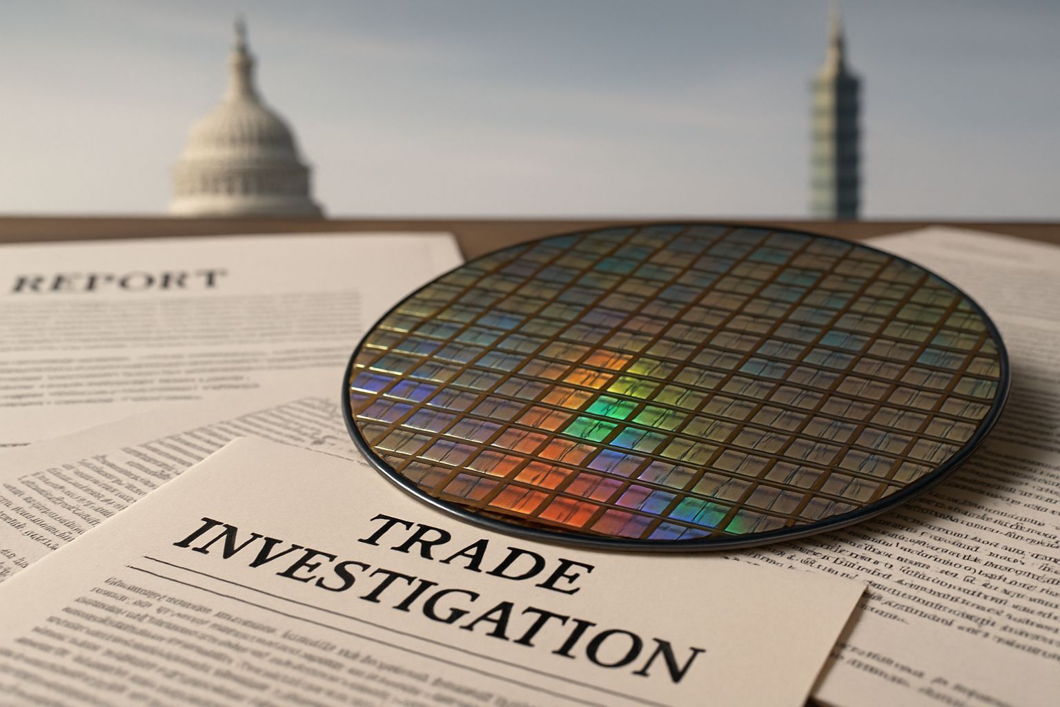 Trade Investigation paperwork with semiconductor wafer and global landmarks in background.