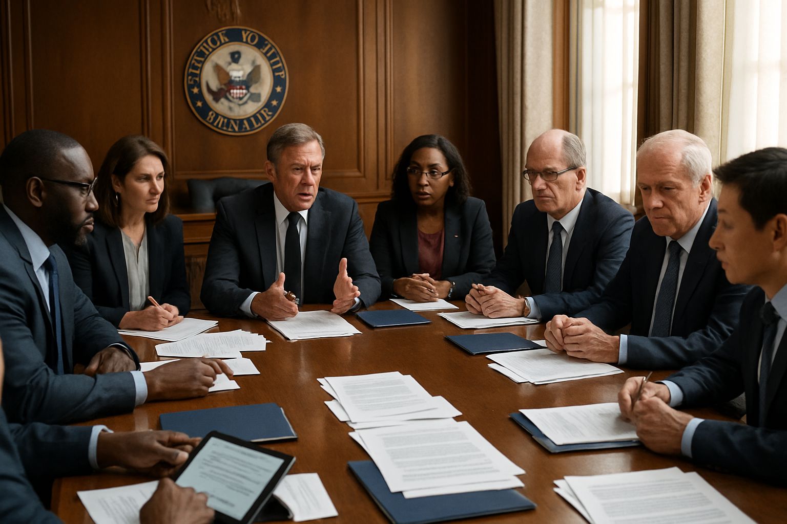 Senators in committee discussing Senate AI Weapons legislation around a table.
