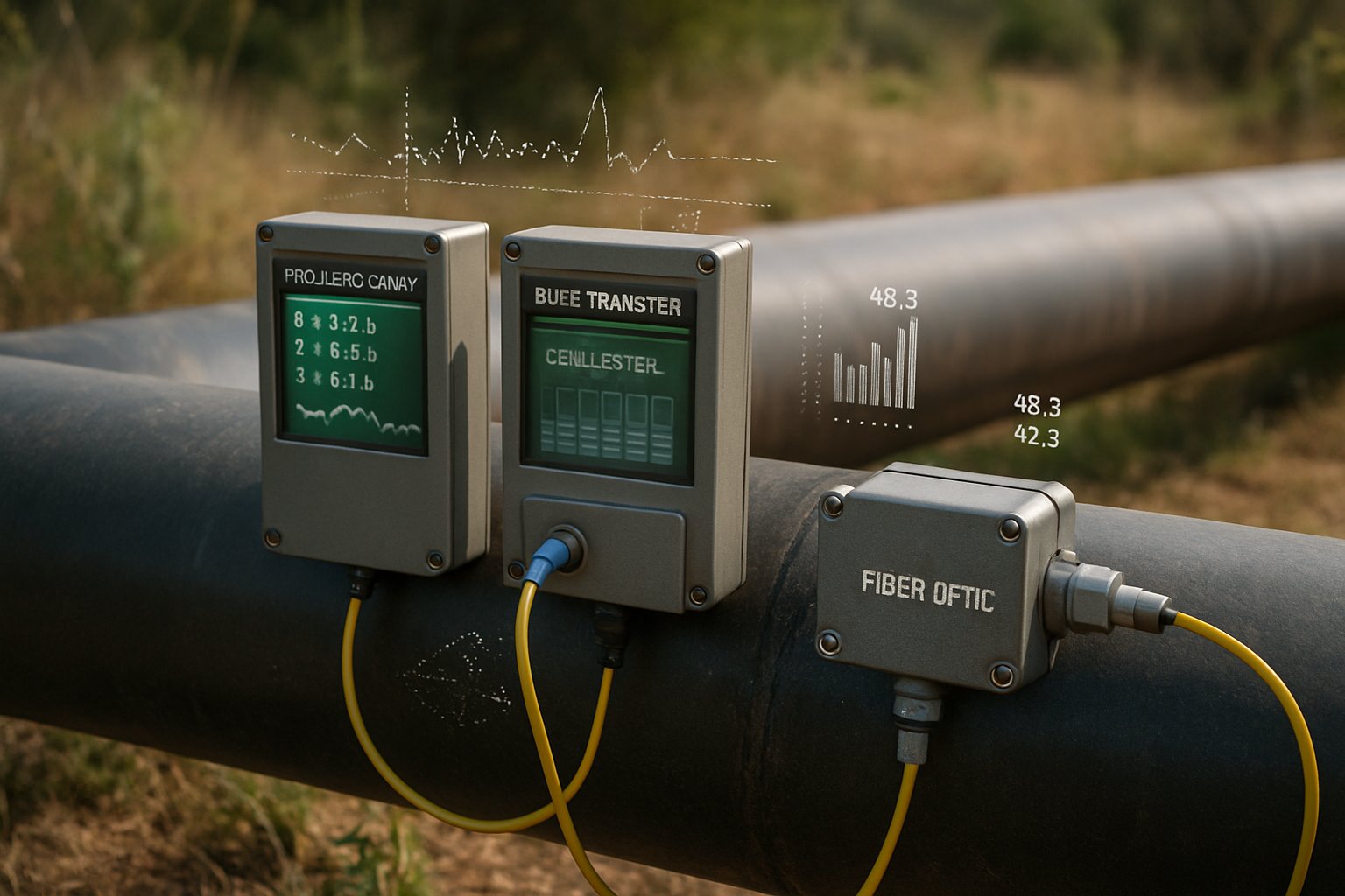 Fiber optic sensors monitoring pipelines with AI Infrastructure Monitoring technology outdoors.