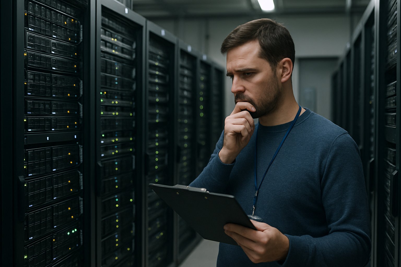 Technician inspects servers regarding Training Erasure Impossible concerns.