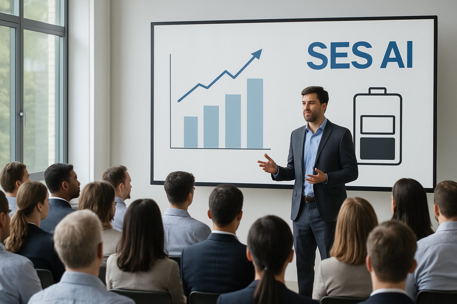 Industry professionals at seminar discussing Industrial Battery Innovation by SES AI.