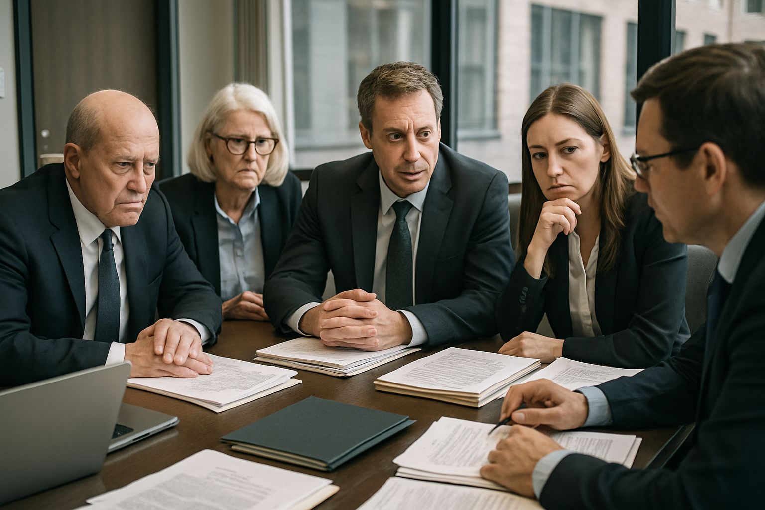 Intel Shareholder Suit legal team meeting with shareholders discussing documents