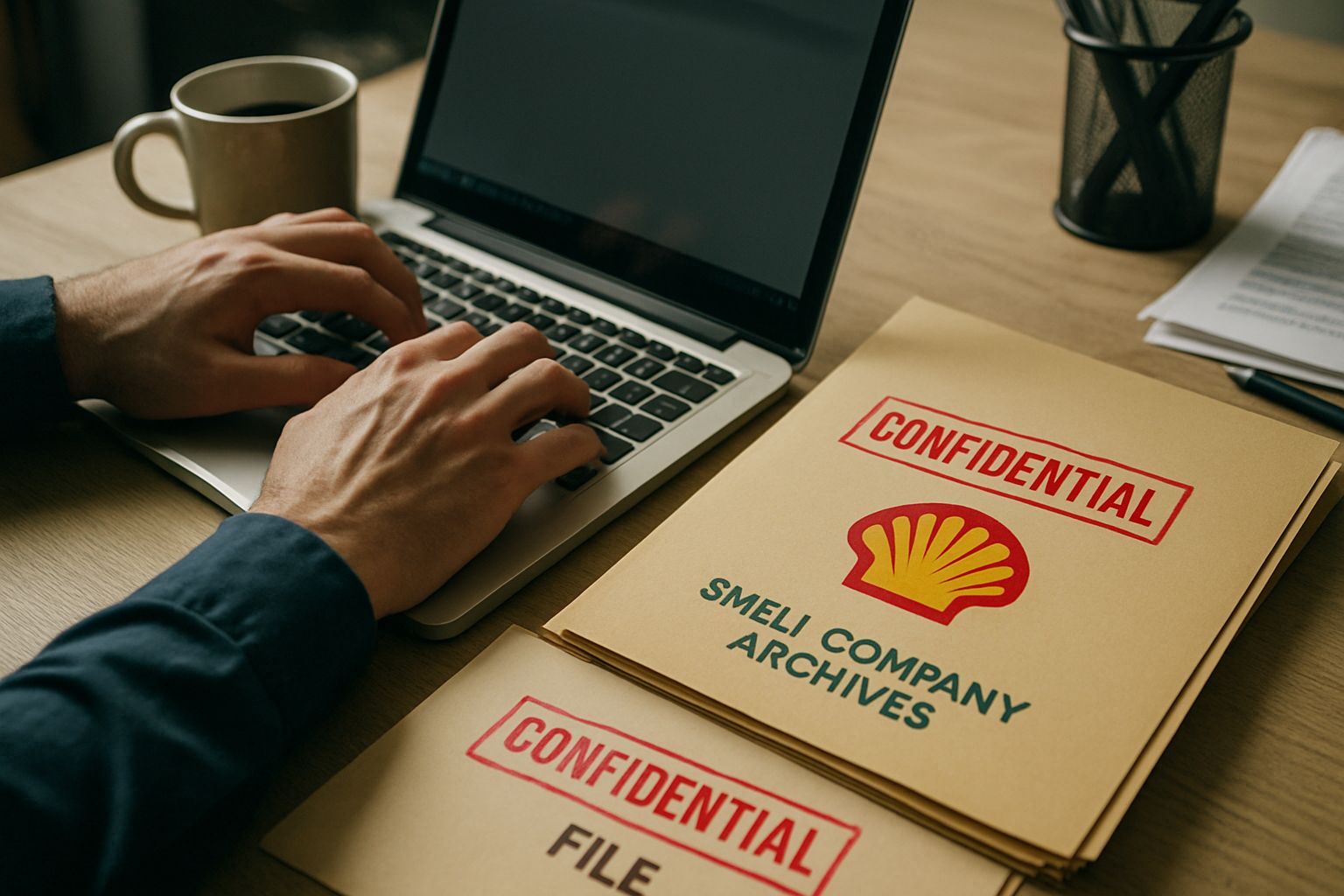 Corporate Secret Leaks visual with Shell files on a professional desk.