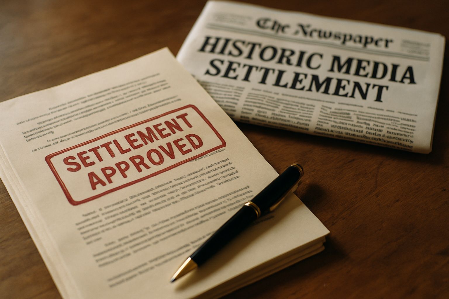 Media Settlement documents and newspaper headline about record settlement on table.