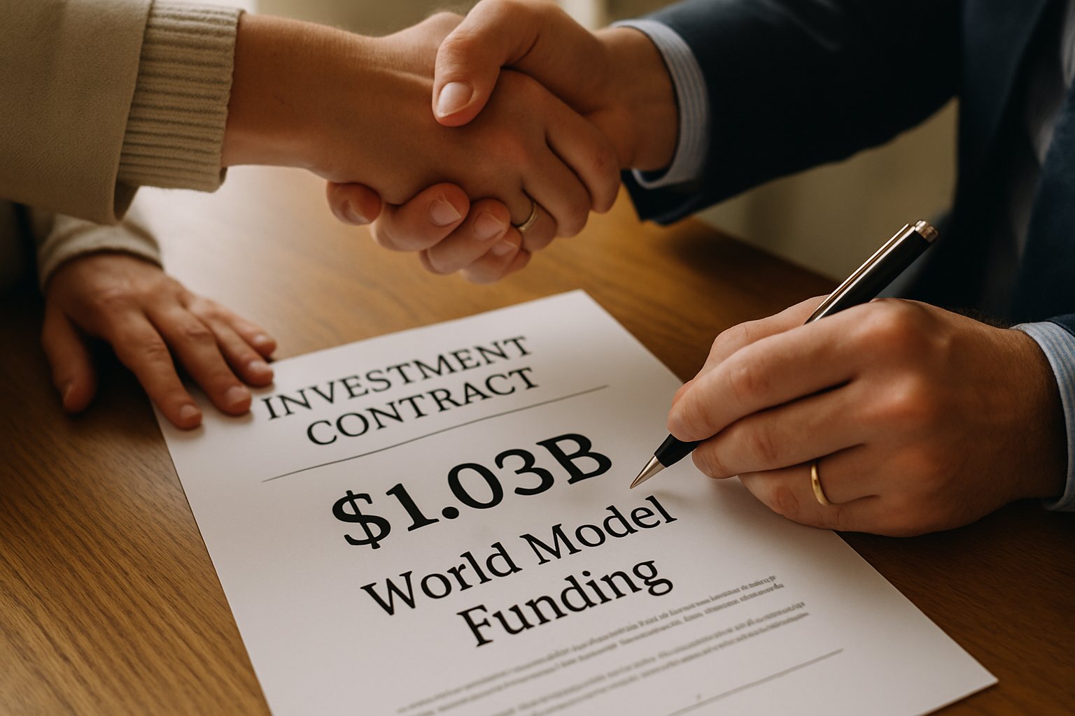 World Model Funding contract signing with hands shaking over $1.03B investment paperwork.