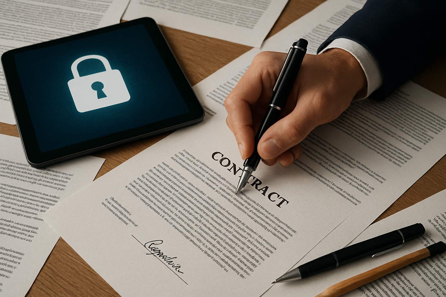 Signing contract for major AI Security Funding deal at a desk.
