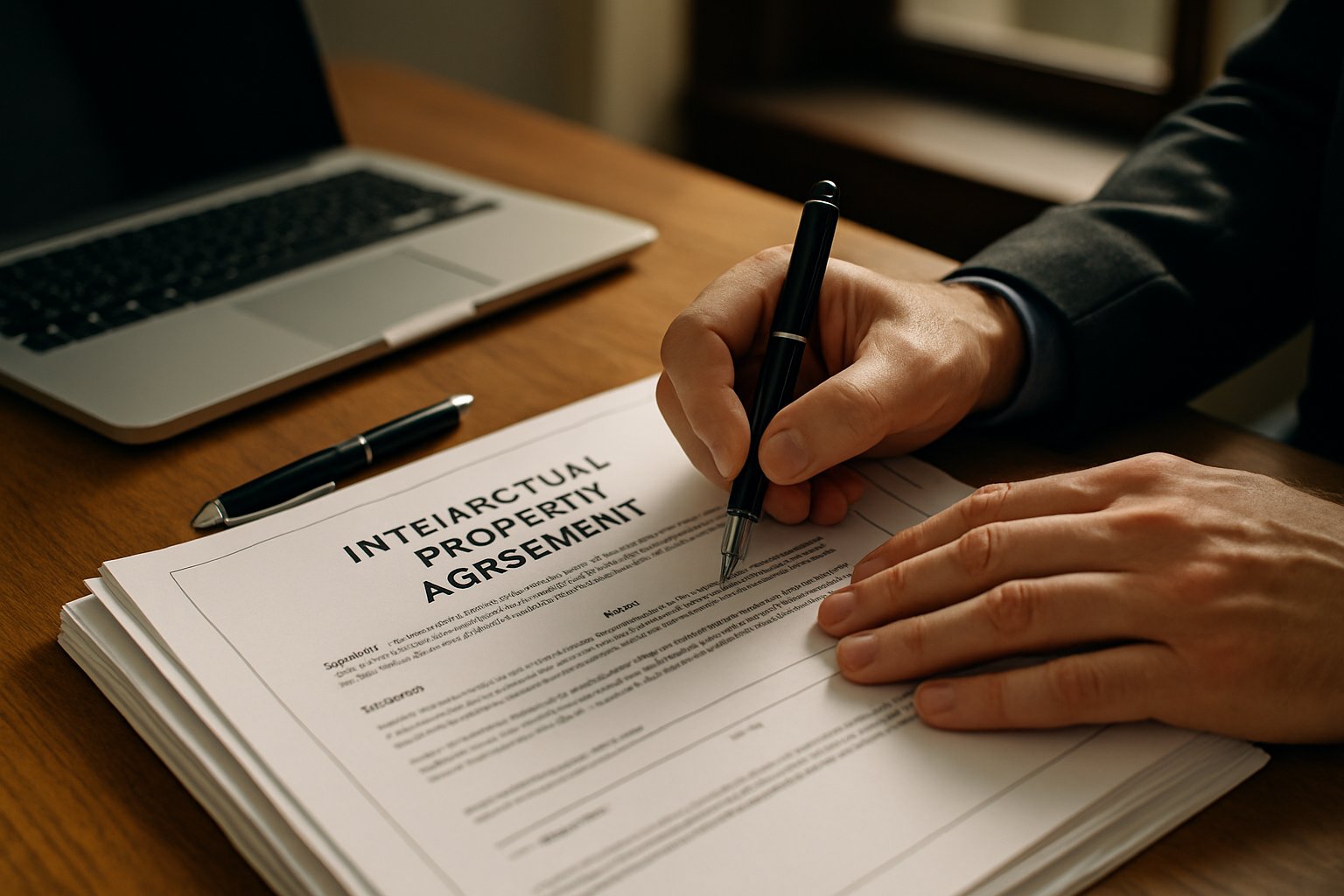 Signing Intellectual Property agreement during legal action.