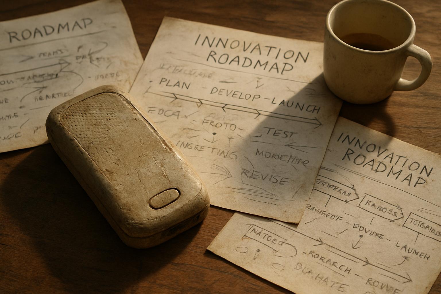 Outdated innovation plans and worn prototype symbolize Innovation Erosion Crisis.