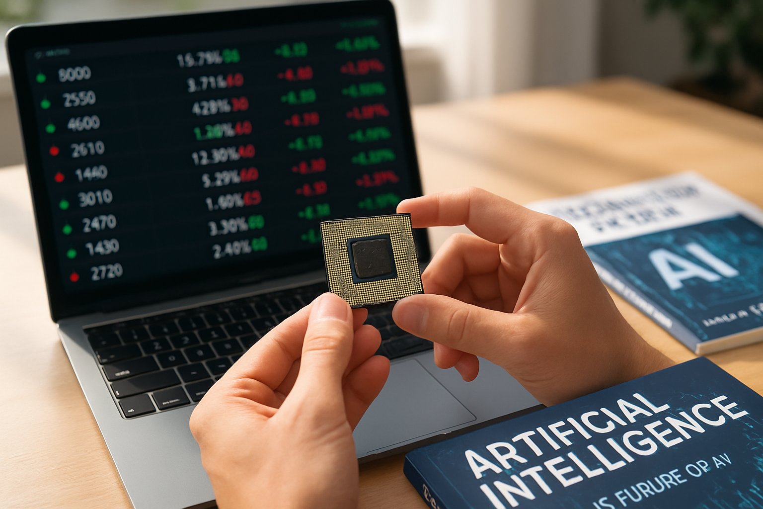 Hands hold silicon chip as AI Chip IPO news streams on laptop screen.