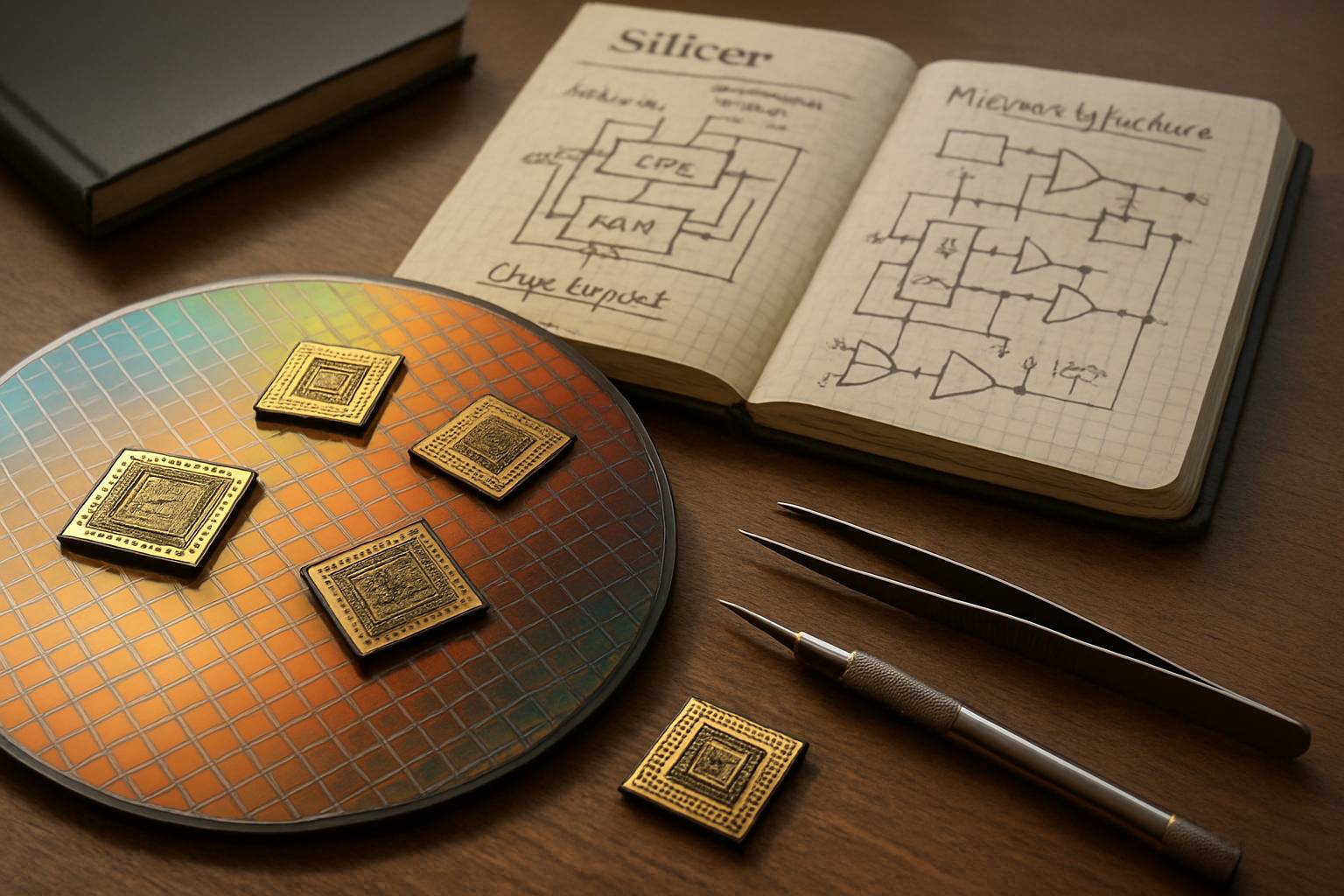 Silicon wafer and chip prototypes highlighting Silicon Design Automation advances.