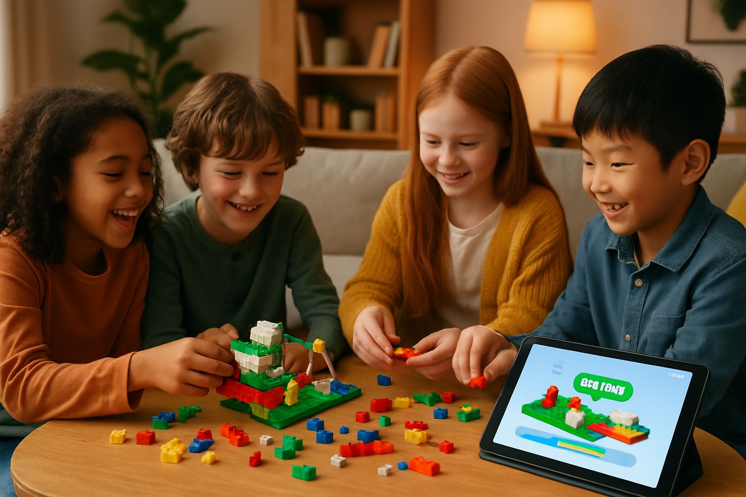 Children using Smart Brick with connected tablet for interactive play