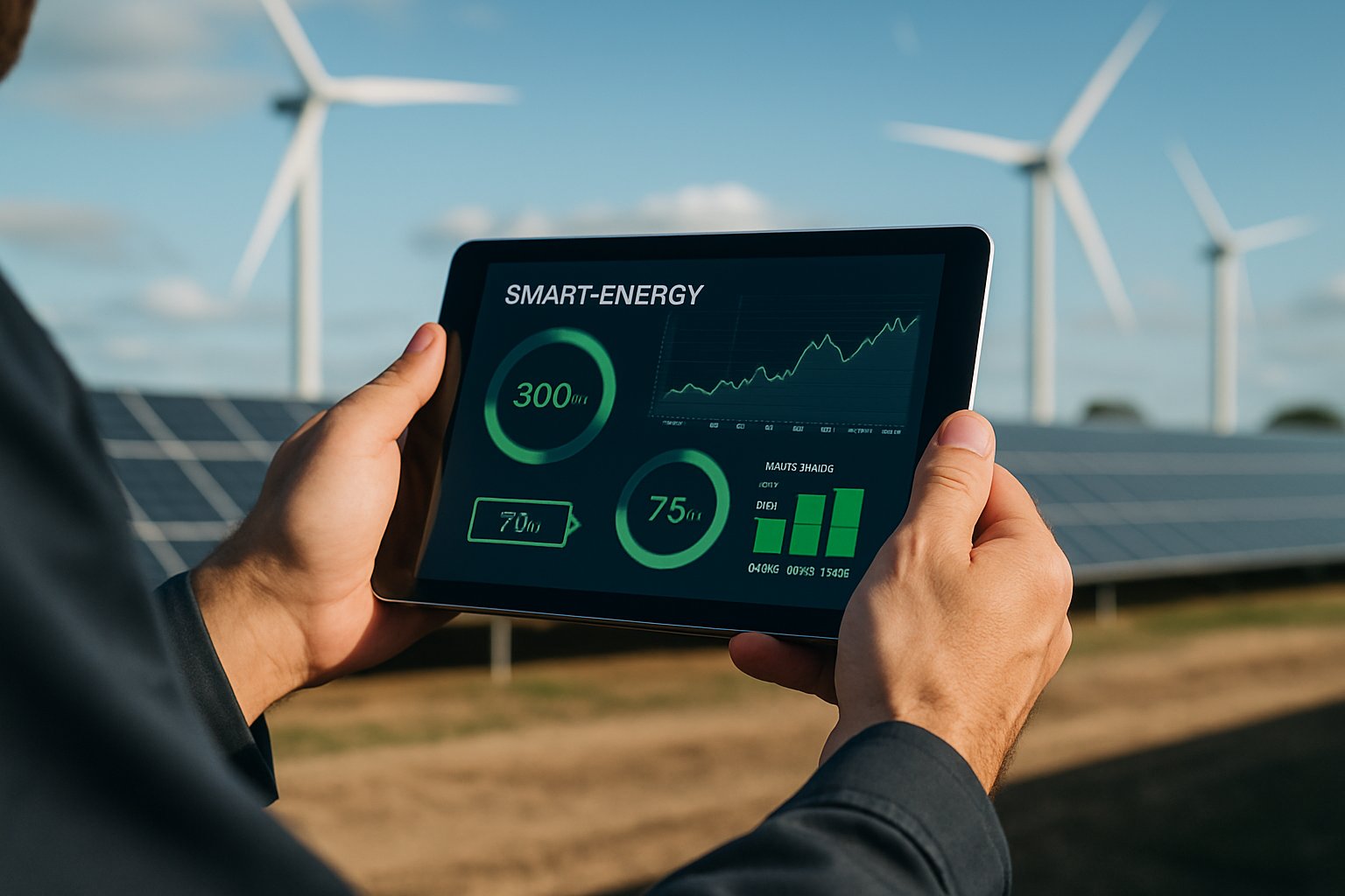 Technician using tablet to monitor renewable energy systems on-site.