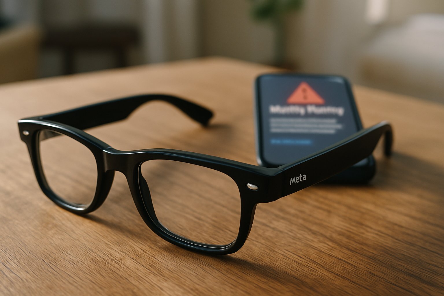 Privacy Leak Scandal highlighted by Meta smart-glasses and security warning on smartphone.