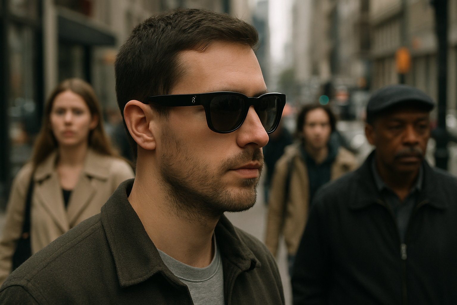 Pedestrian wearing Meta smart-glasses illustrates Privacy Breach Scandal concerns