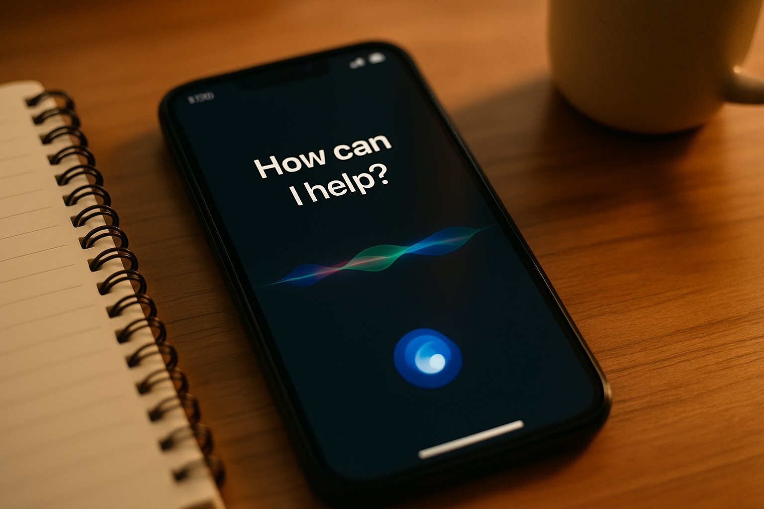 Smartphone showing Mobile OS Intelligence assistant interface on desk.