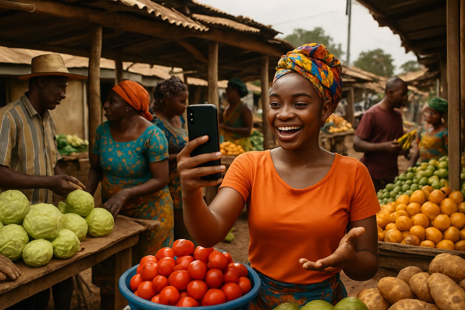 West Africa Agriculture market women using social media at produce market