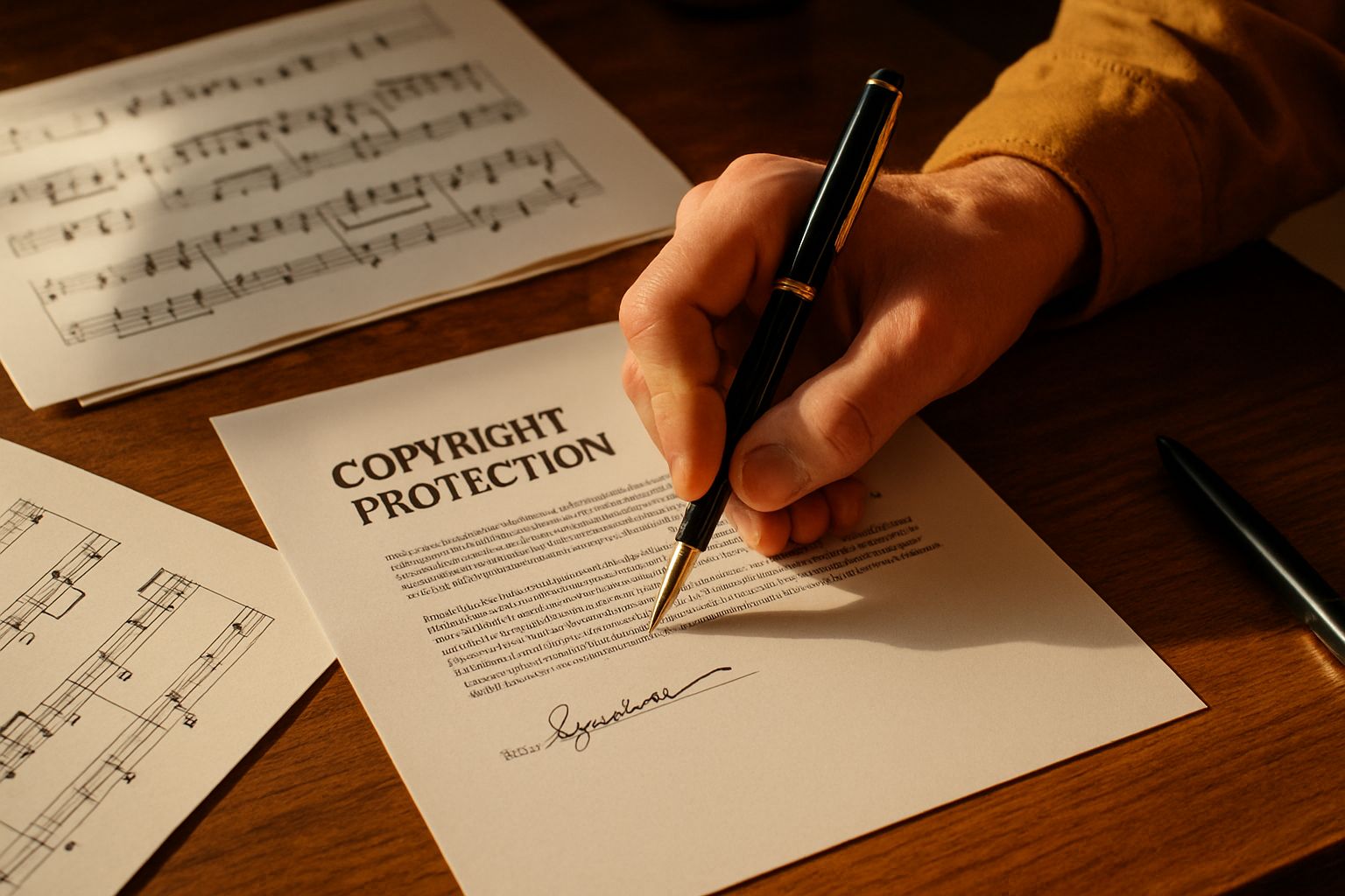 Creative Rights Advocacy shown by songwriter signing copyright protection document.