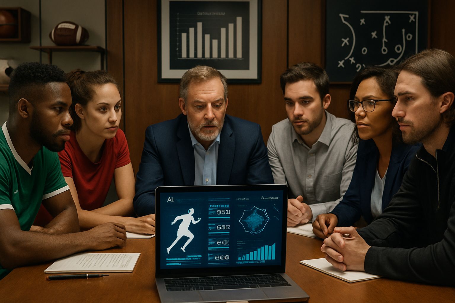 Sports professionals analyze AI Sports Performance data during a strategy session.