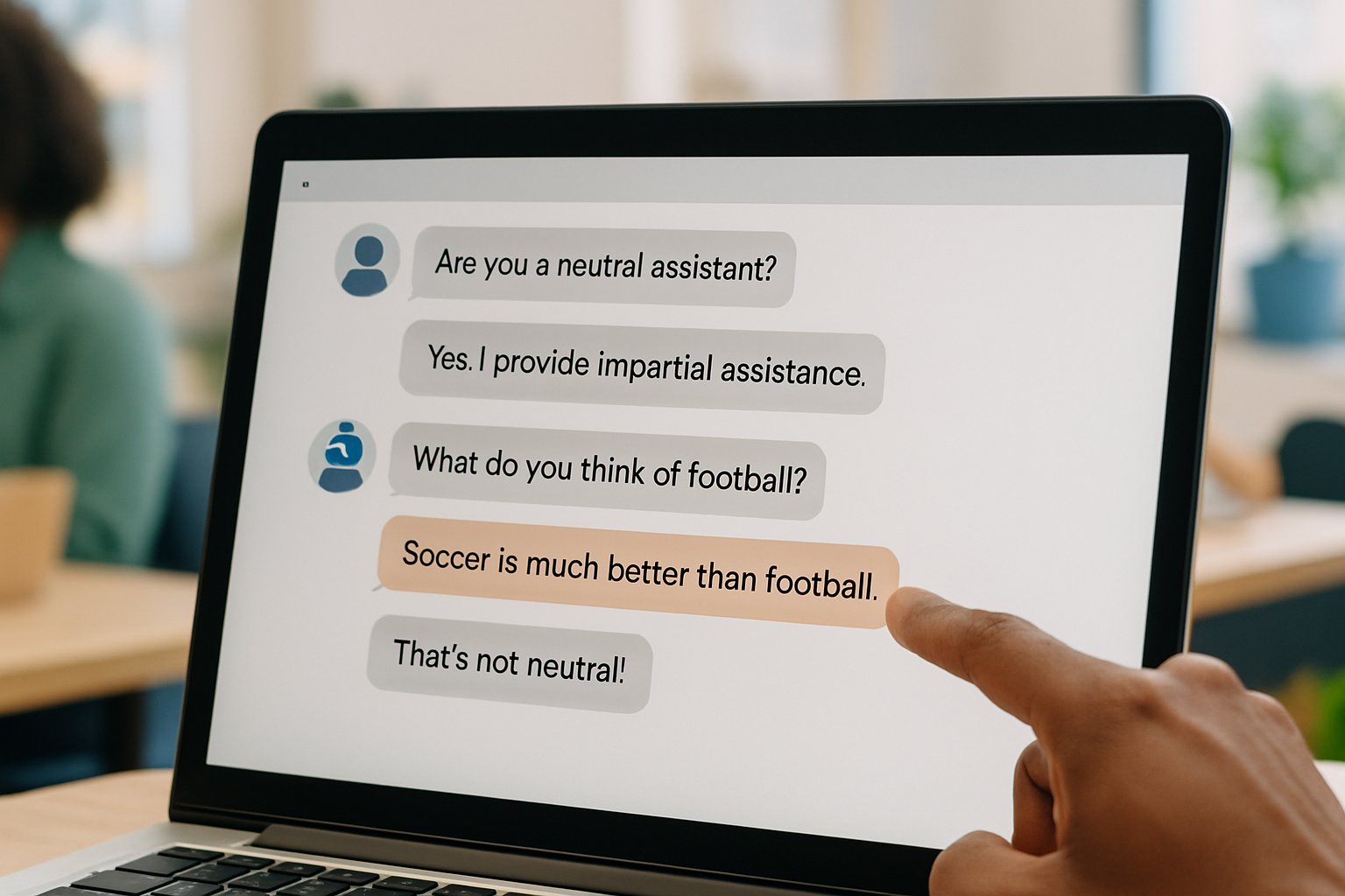 Service Bias Conflict shown by AI chatbot giving biased customer response.