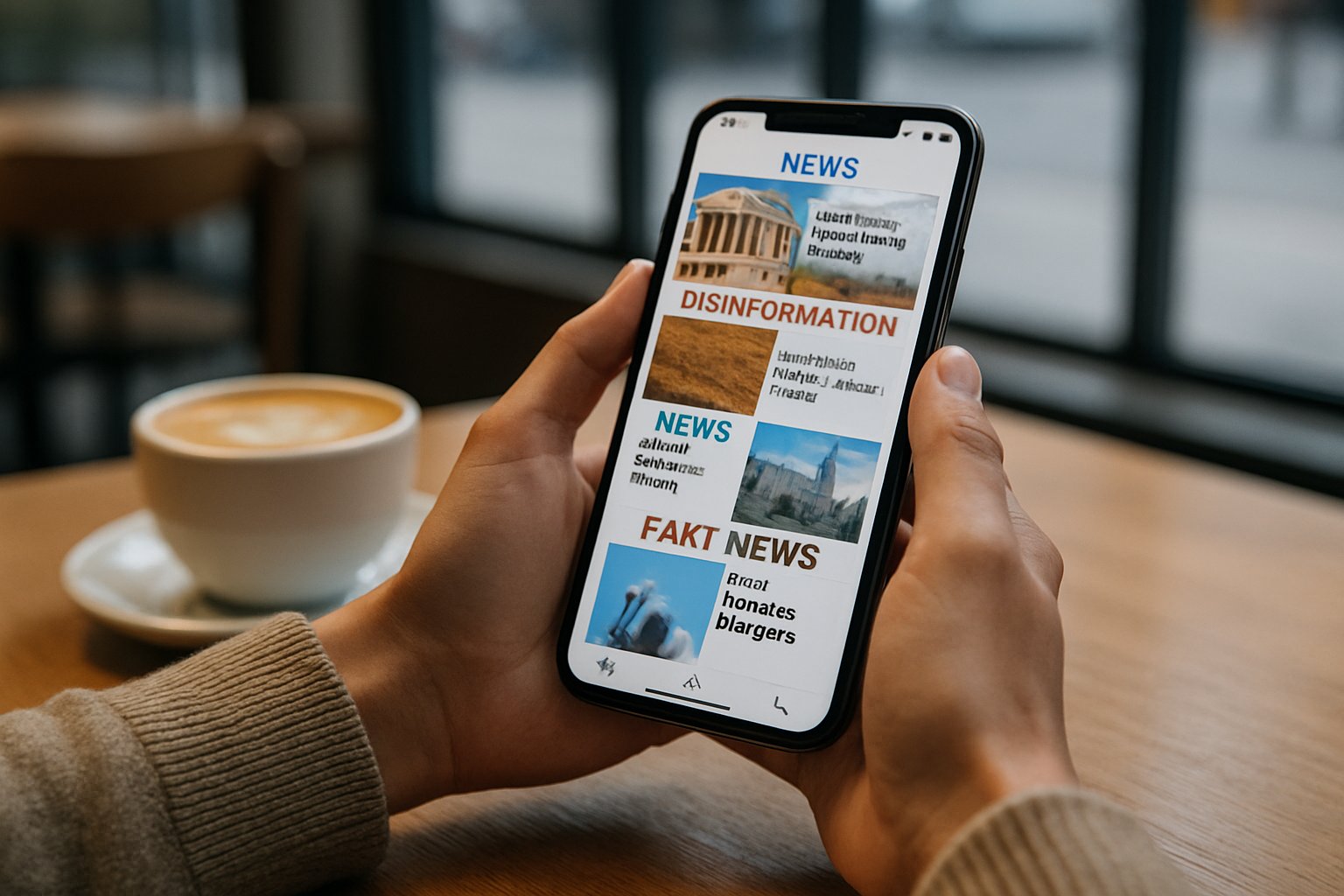 Person detects Disinformation Campaign content while browsing news on smartphone.